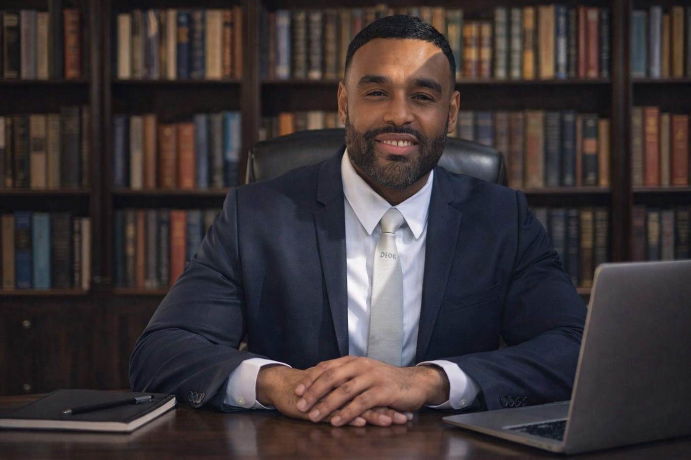 Frank Smith III in a professional portrait at a desk